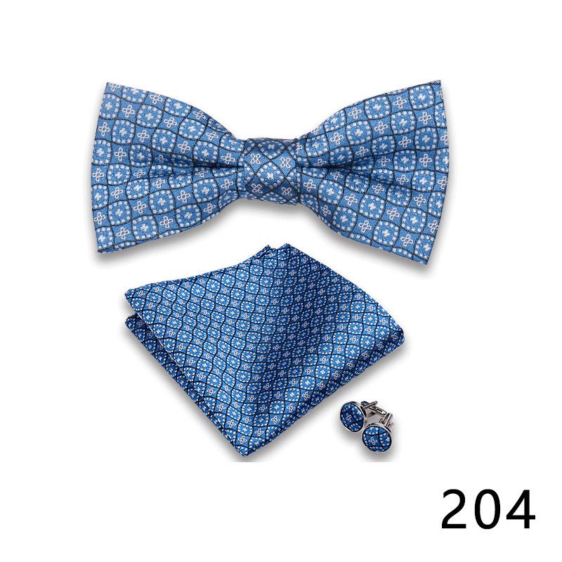 Men's Formal Bow Tie and Pocket Square Set for Banquets and Weddings, with Lapel Flower.