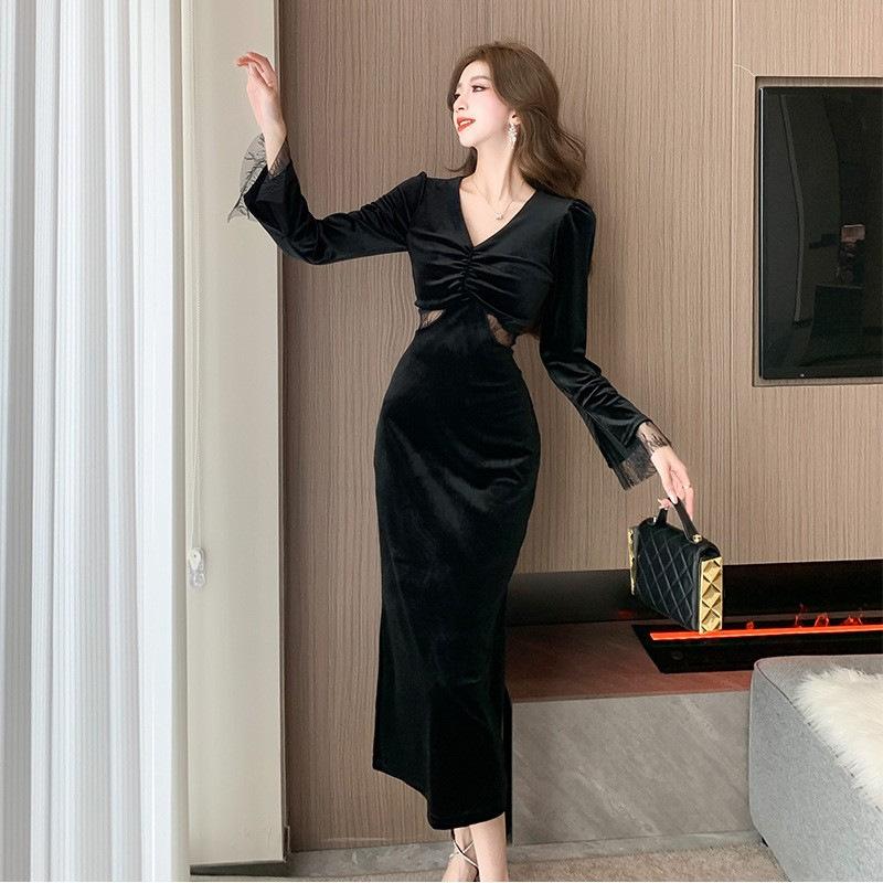 Primavera Otoño Cuello en V Elegante Moda Terciopelo Vestido Negro Mujer Manga Larga Temperamento Cintura Bata Vestidos