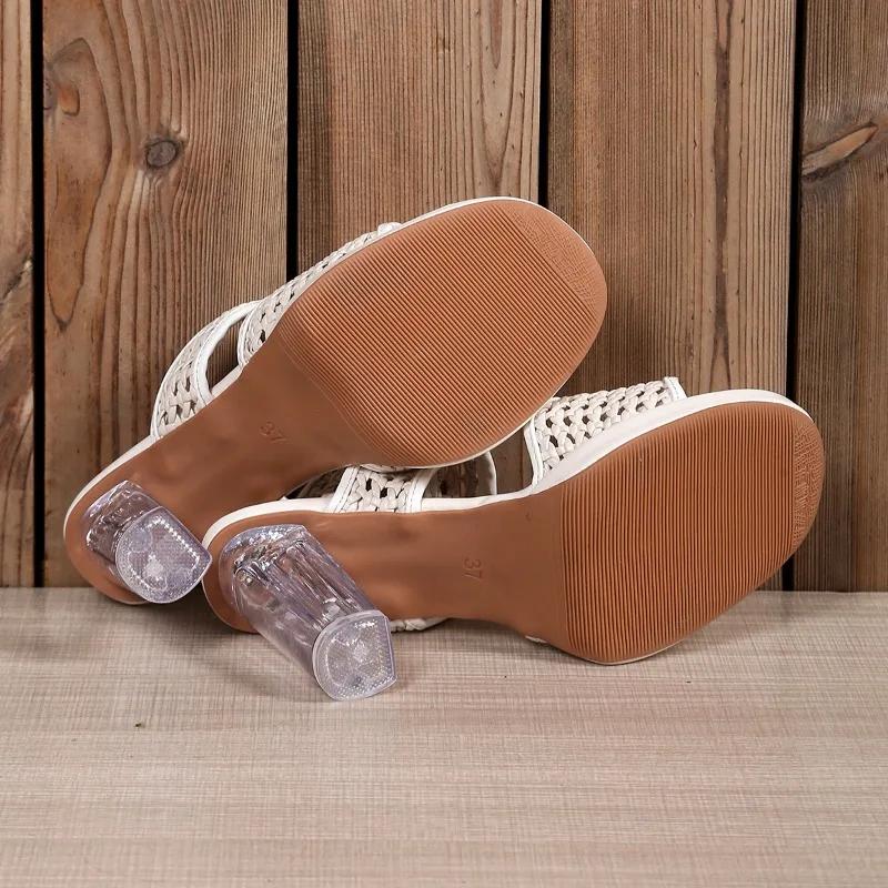 2026Women's High Heels Slippers Crystal Square Round Toe Braided Upper Shoes  Leisure Summer New Breathable Zapatillas De Mujer