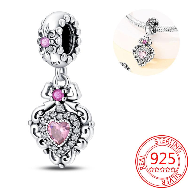 Breloque Pendentif Perles Cœur Rose Scintillant Cuivre Compatible Bracelet Original Pour Femmes Bijoux Cadeaux Saint-Valentin