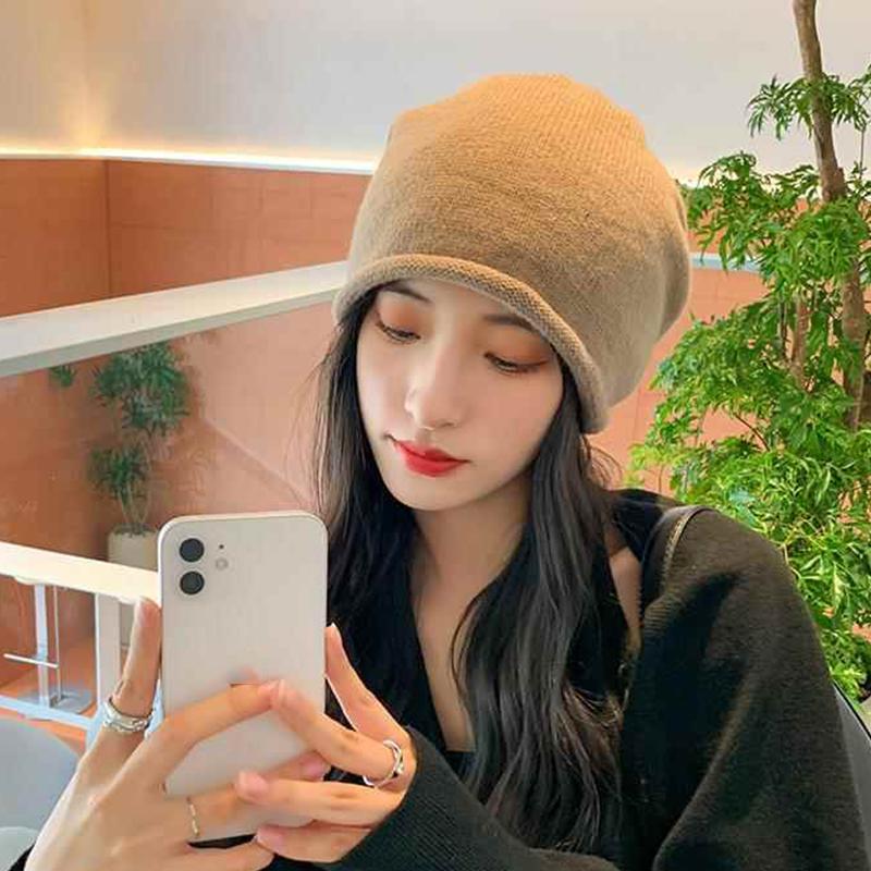 Autumn And Winter Pile Hat With Curled Brim And All-Match Warm Cold Hat With Large Head Knitted Drawstring Hat For Women