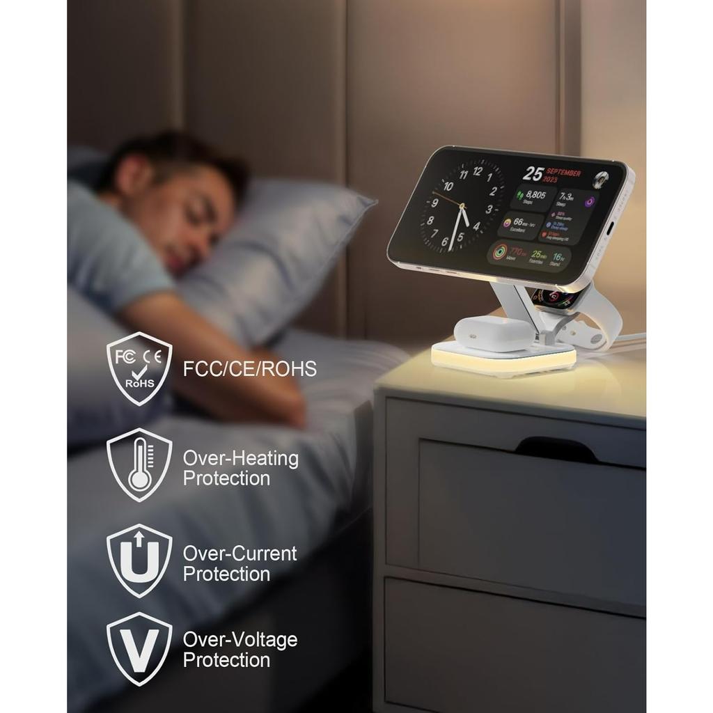 5-in-1 Magnetic Wireless Charging Stand for Apple MagSafe Charger with Night Light for  Watch,  Travel Magnetic Charger Nightstand Charging Station