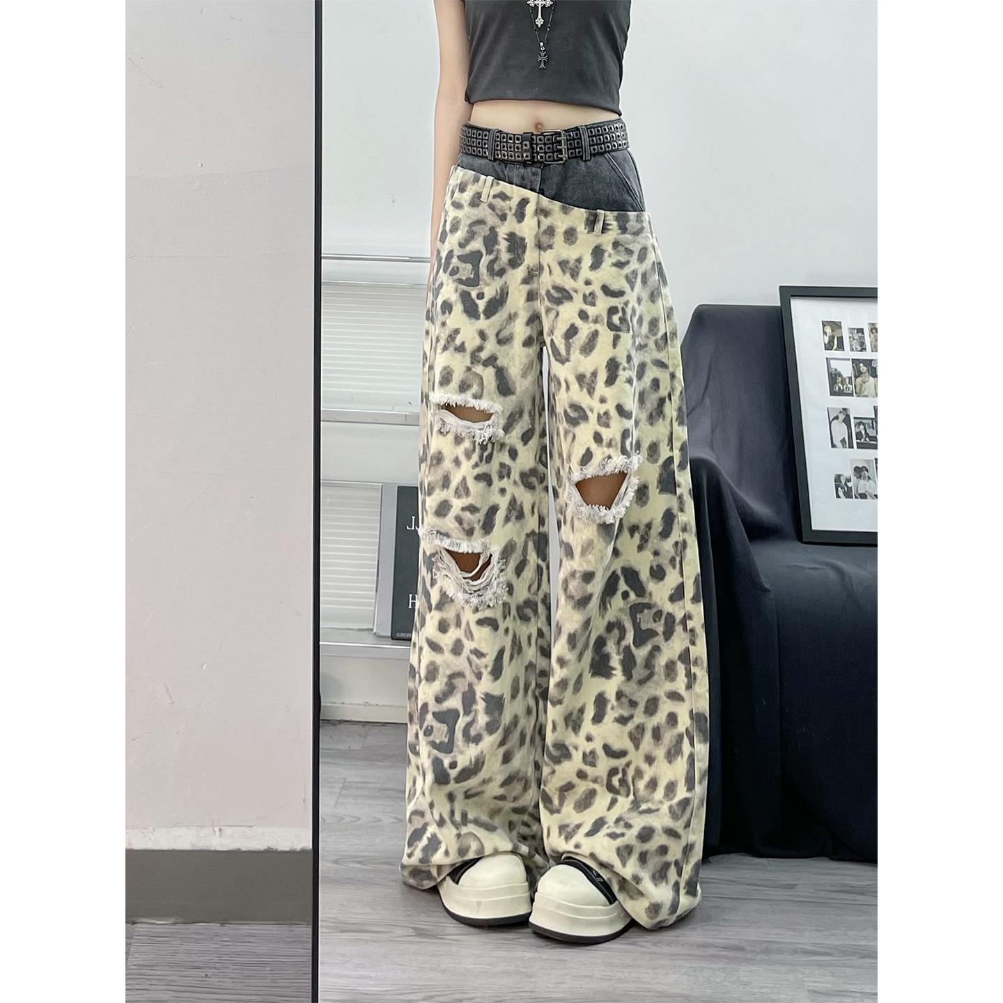 American Vintage High Street Ripped Jeans Women s Summer Leopard Print Loose Wide Leg Long Pants High Waist Leopard Print Wide Leg Jeans S