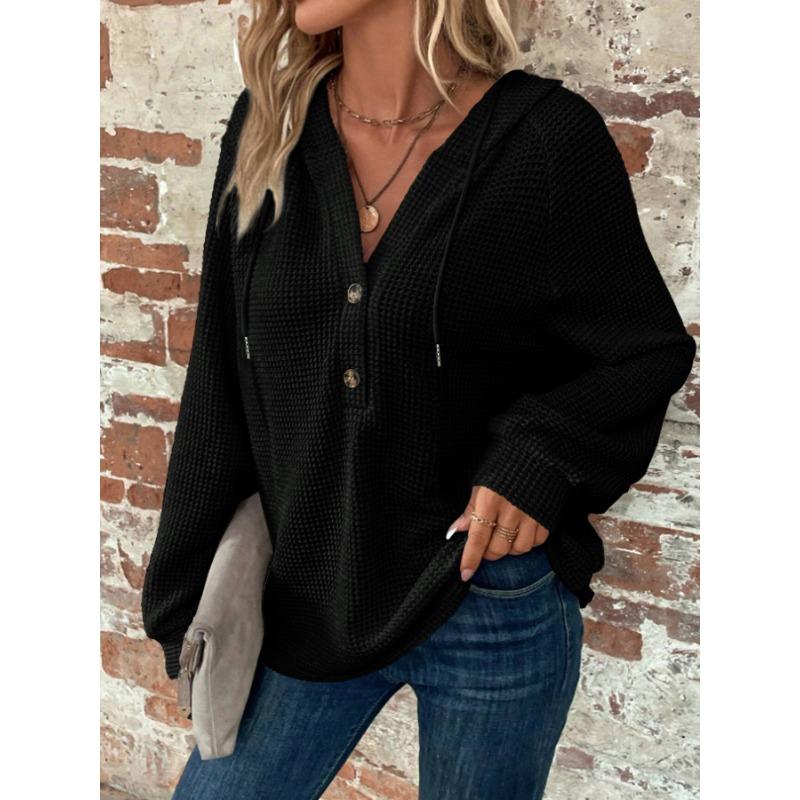 Autumn Solid Color Hooded Button Loose Long Sleeve Sweatshirt