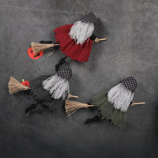 Halloween Witch Doll Small Hangable Witch Ornament Decorative Flying Witch Figurine On Broomstick for Indoor Outdoor Tree Home Kitchen Decor