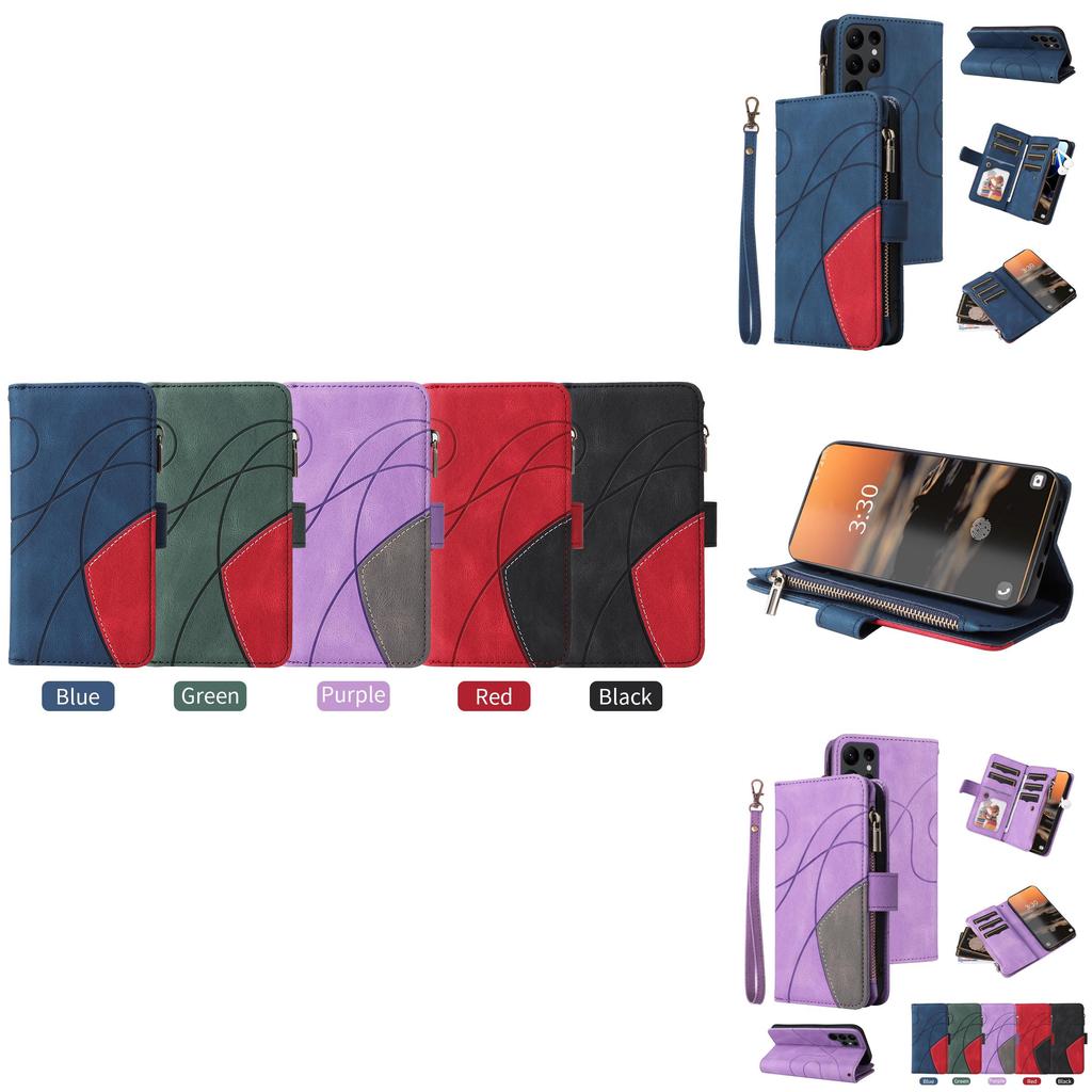 Stylish Dual-color Nine-card Zipper Case With Card Holder And Stand For Samsung A14
