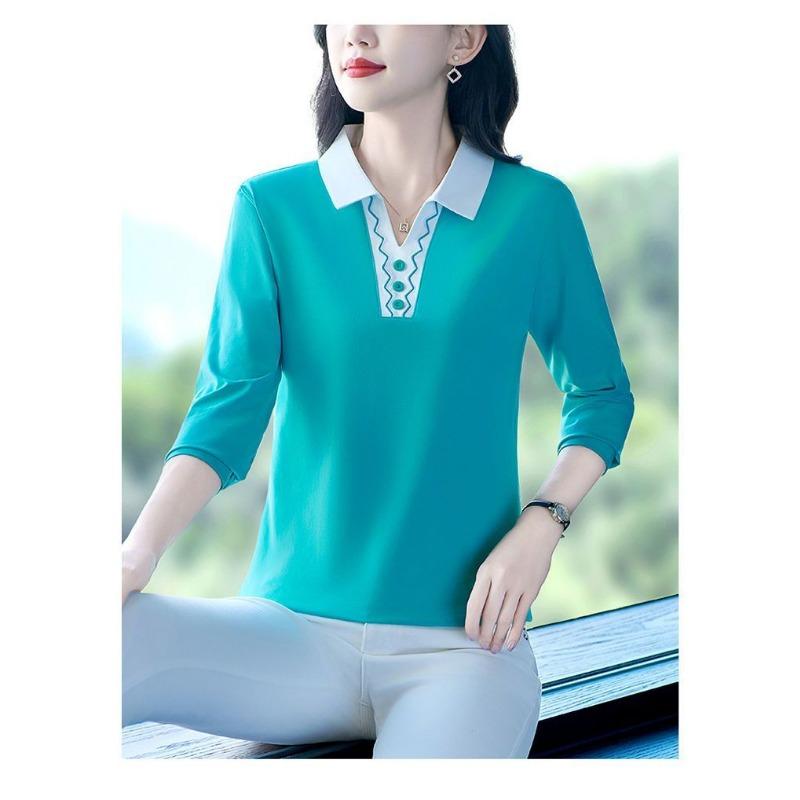 Spring Women Contrast Collar 3/4 Sleeve Button Decor Wavy Trim Blouse