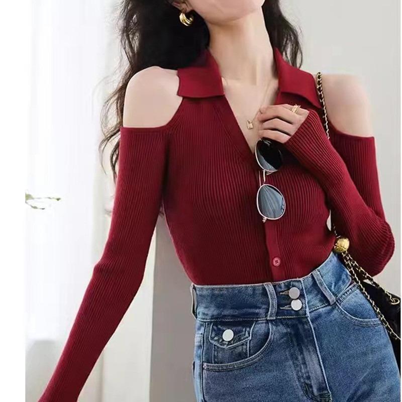 2025 New Elegant Off Shoulder Cardiagn Women Sweater Long Sleeve Slim Fit Fashion V-neck Knitted Top Solid Color Fall Fashion Sexy Knitwear Clothes