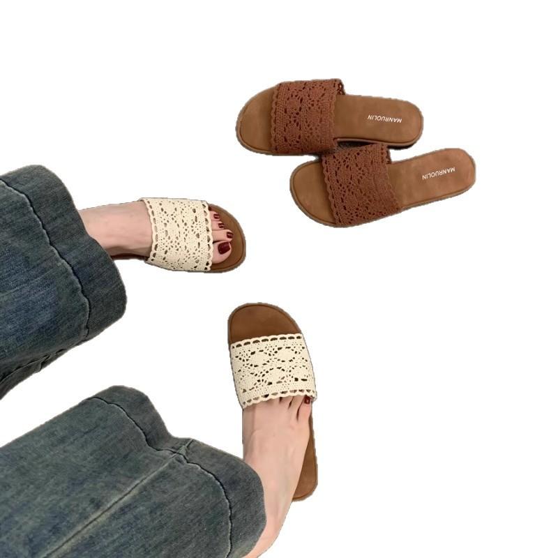 Retro gewebte Cool-Slipper mit flachem Boden für Damen-Sommerbekleidung 2025 neu böhmisch Strandurlaub Strand Ein-Wort-Schlappen