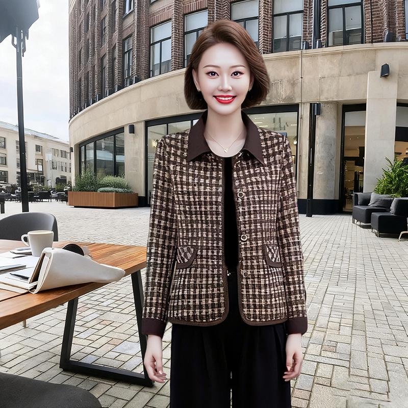 2025 Spring/Fall Women's Plaid Jacket - Casual Fashion for Middle-Aged & Elderly
