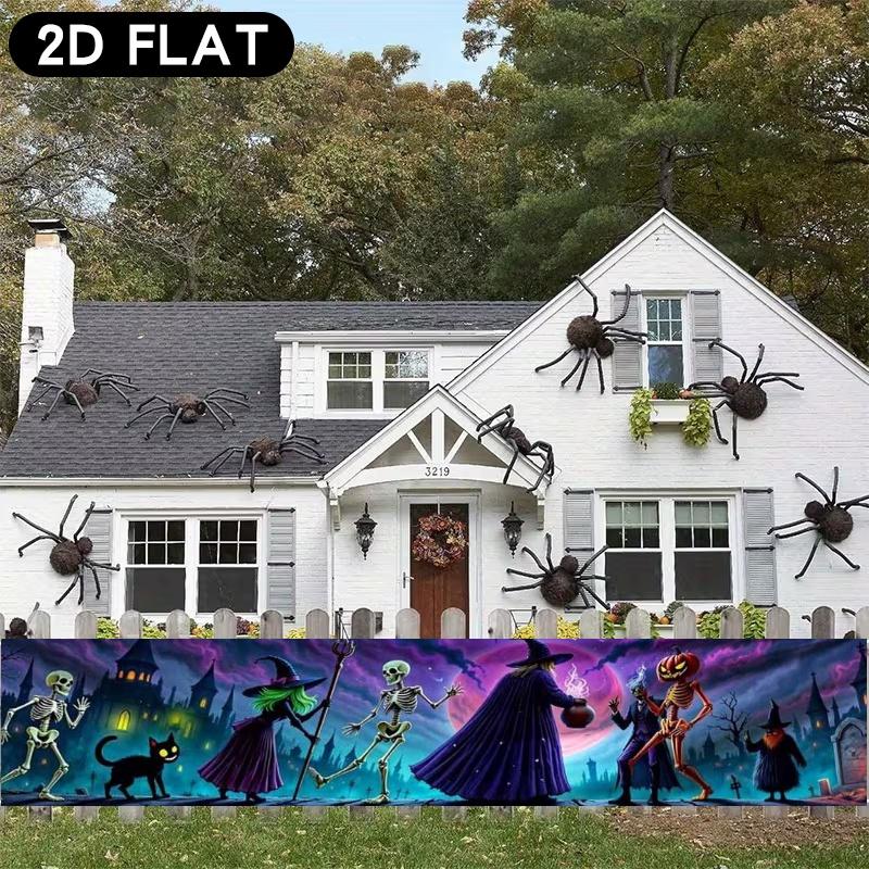 Halloween Fence Party Pennant, Witches Skulls Jack-O'-Lanterns Black Cats Gothic Design, Polyester Outdoor Garden Decoration