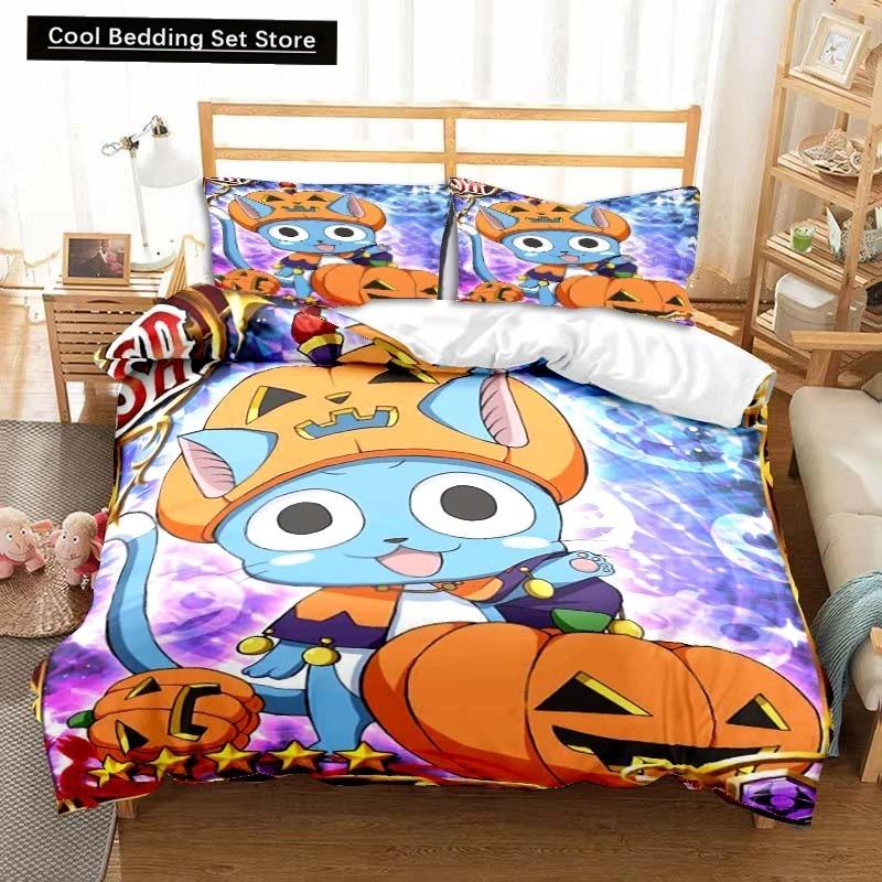 3D Anime Fairy Tail Bedding Set Bed Three-piece Set Duvet Cover Single Double Bed Queen Size Duvet Cover Set Adult Kid's Bedroom