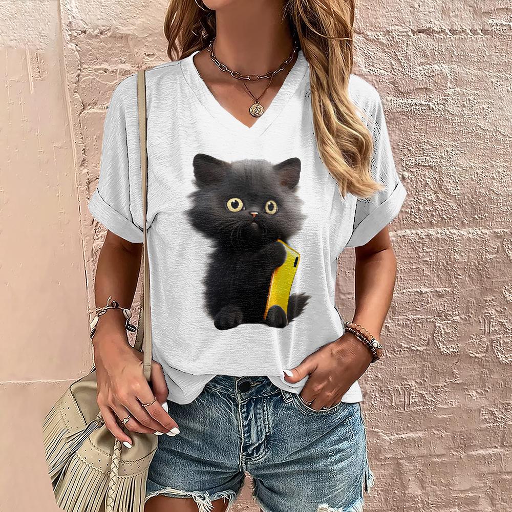 Tricou de vară pentru femei, cu imprimeu pisică, casual, cu mânecă scurtă, tricouri 3D, modă stradală, decolteu în V, pulover, îmbrăcăminte feminină supradimensionată