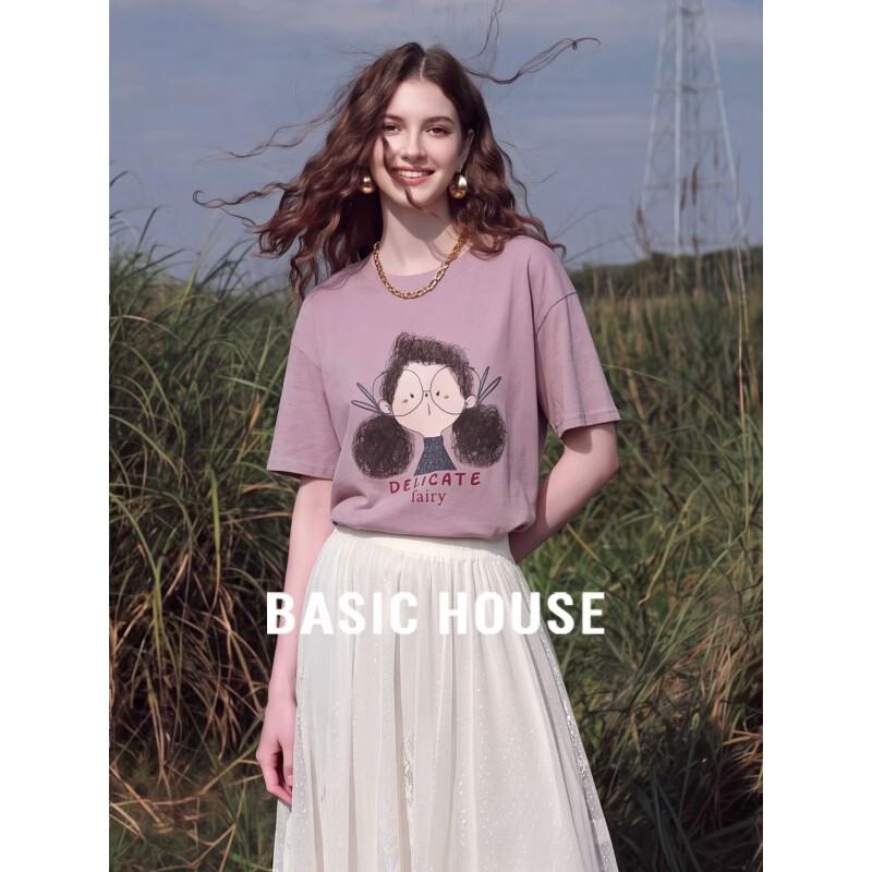 Basic House Women s Printed Round Neck Short Sleeve T-Shirt One Size