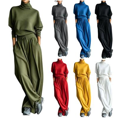 Women's Color High Neck Sweatshirt and Straight Leg Pants Set with Pockets