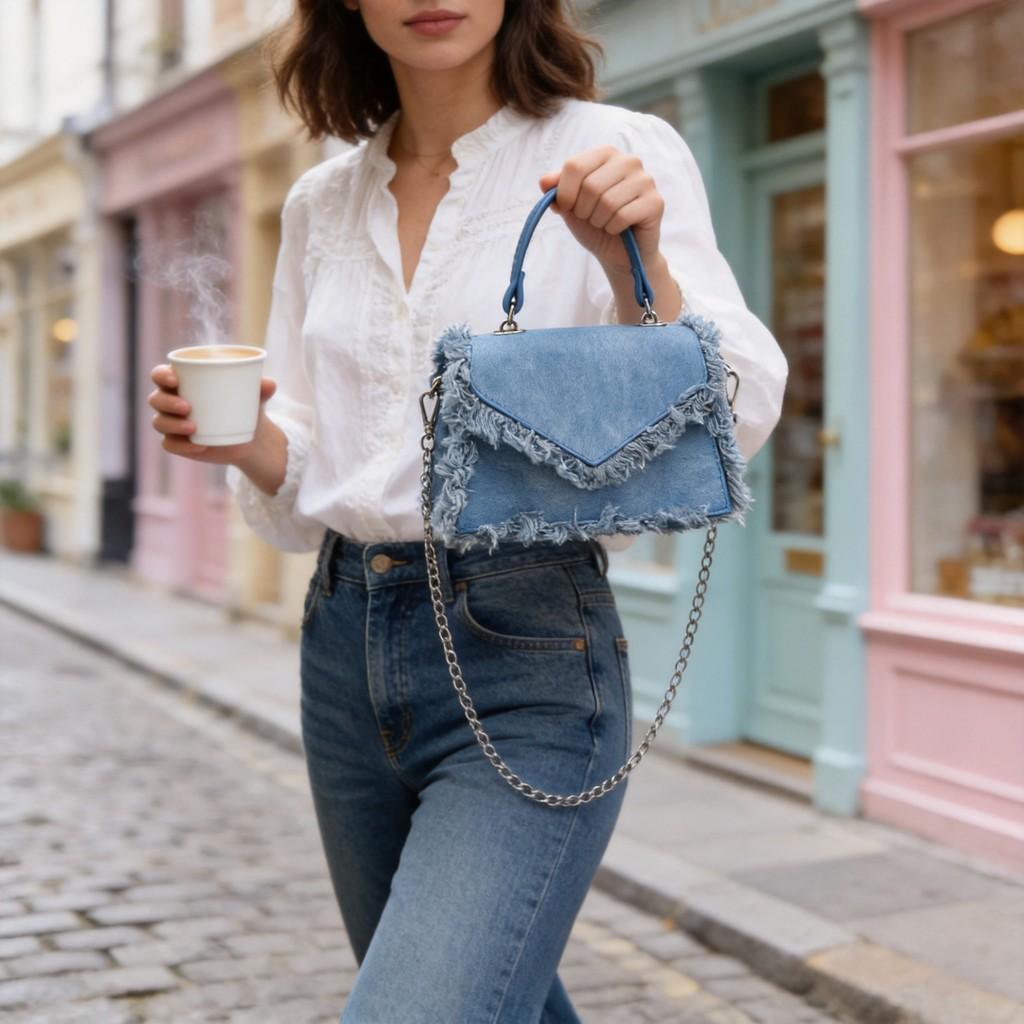 Vintage Denim Purse With Tassels For Daily Casual Use