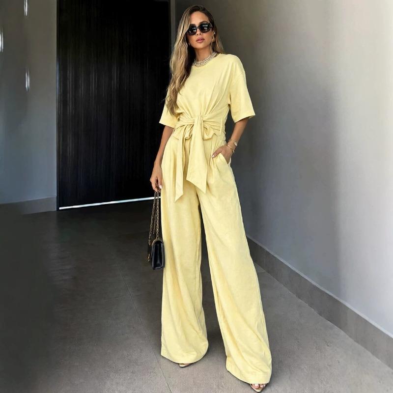 New Summer/Fall Collection Solid-Color Round-Neck Short-Sleeve Loose-Fit Wide-Leg Pants Slimming Tie-Waist Set