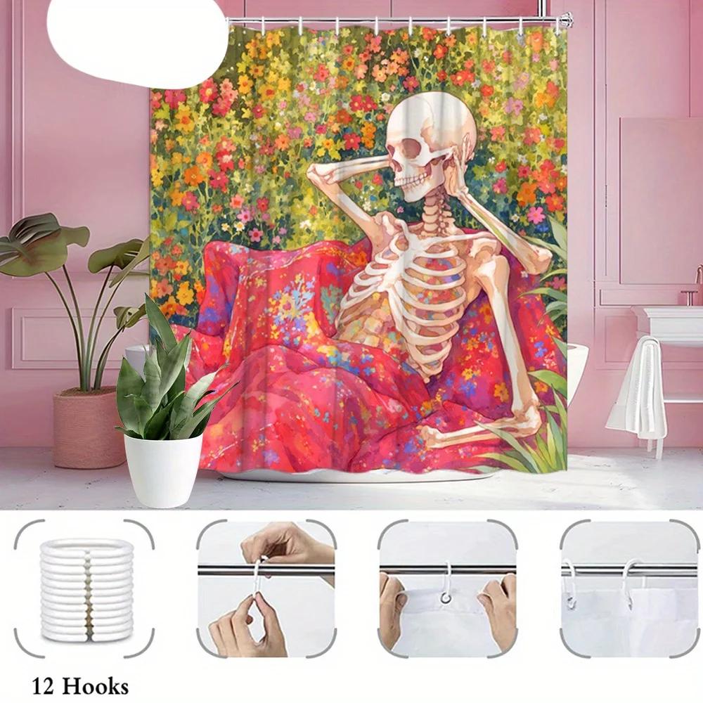 1pc Skeleton Relaxing on Floral Couch Shower Curtain - Dreamlike Fantasy Design, Vivid Colors, Polyester, Includes 12 Hooks, 70.