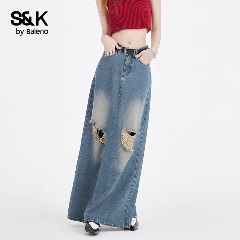 Baleno S&K Vintage Faded Ripped Denim Midi Skirt