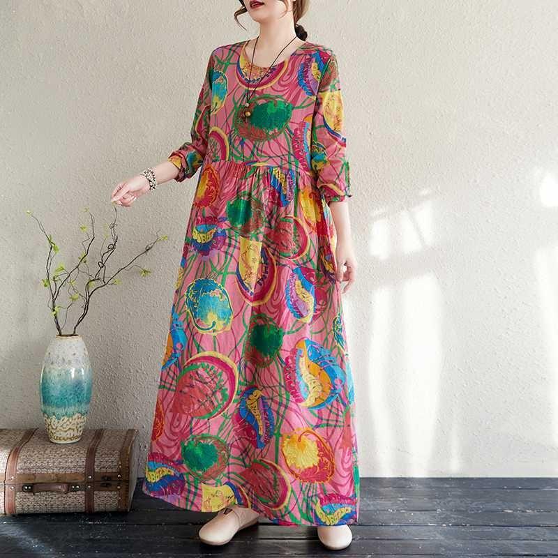 Large Size Summer Vintage Floral Loose Dress Flowing A-line Dress Women