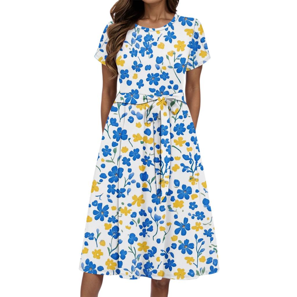 Women's Summer Fashion Round Neck Casual Plant Floral Print Short Sleeve Dress