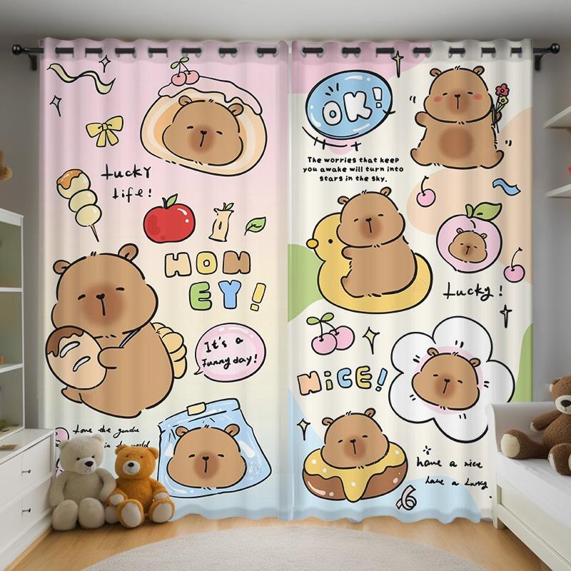 Christmas Kapibala Anime Living Room Bedroom Curtains For Living Room Perforated Dustproof Blackout Drapes Kitchen Cabinet  Home