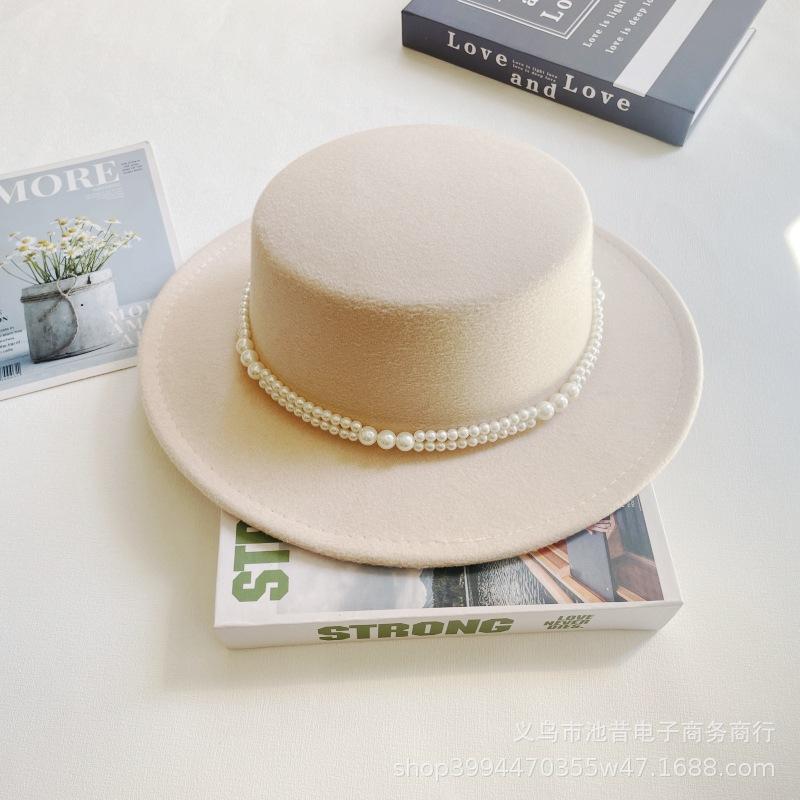 Pearl Chain Flat Top Top Hat Women's Autumn and Winter Warm Woolen Felt Hat Celebrity Retro British Small Fragrant Shopping Fashion Hat