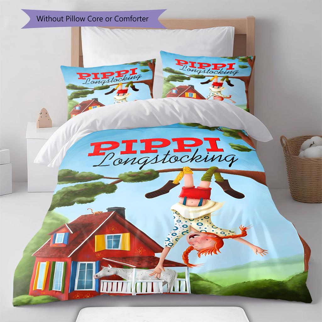 Pippi Longstocking Pattern Bedding,Quilt Set Quilt Cover Pillowcase Home Birthday Gift (1 * Duvet Cover + 2 * Pillowcase, Without Core)