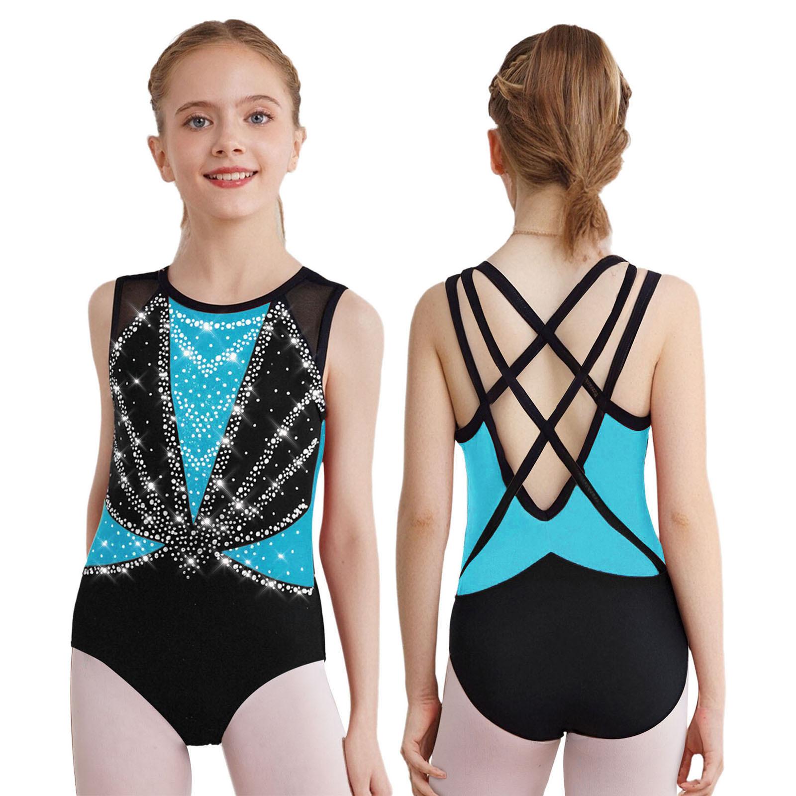 Daenrui Meisjes Glanzende Strass Dansleotard Mouwloos X Bandjes Rug Tank Bodysuits IJsschaatsuniform Gymnastiek Ballet Danskleding 15-16 Years