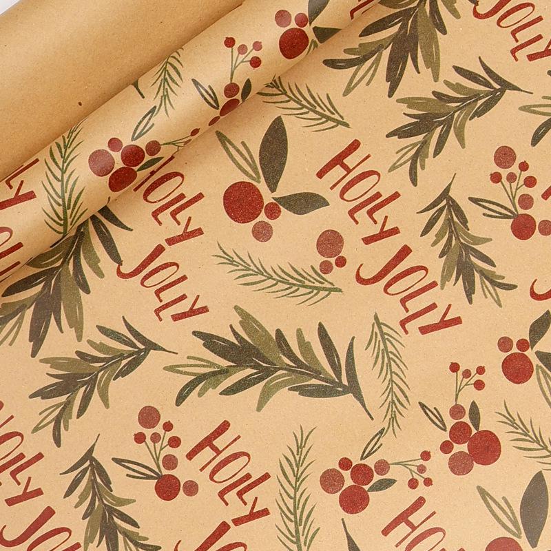 Crease-Free Christmas Gift Wrap Roll with Floral & Bird Designs, Yellow Kraft, 43x300cm