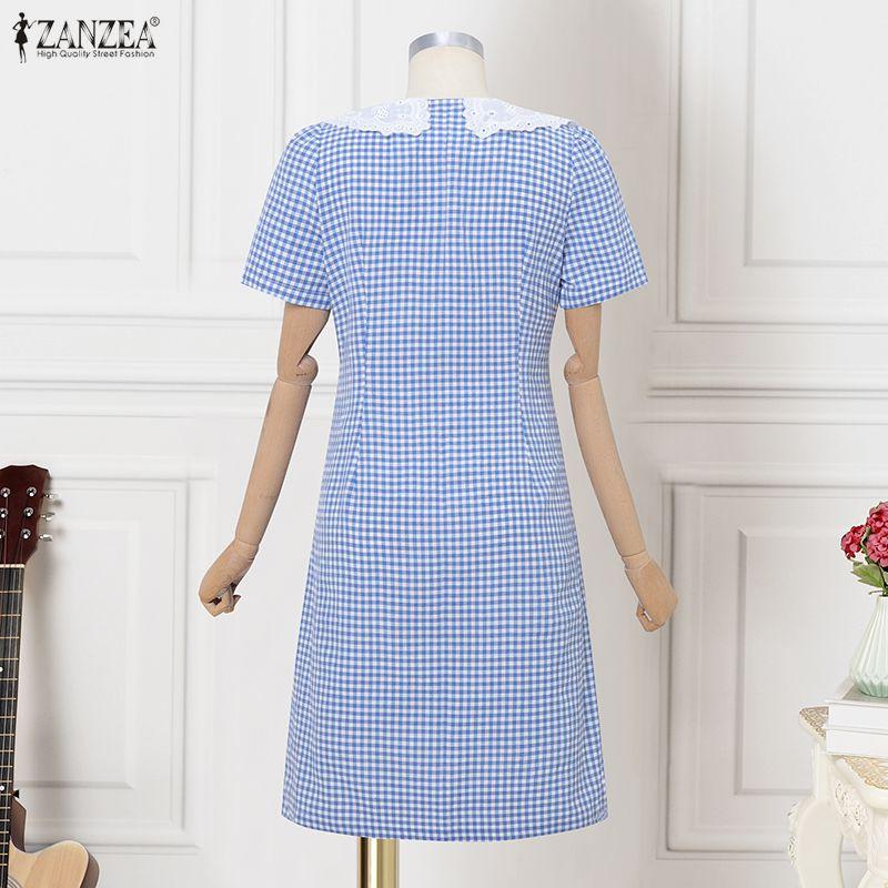 ZANZEA Women Casual Lace Splice Doll Collar Short Sleeve Plaid Print Dress