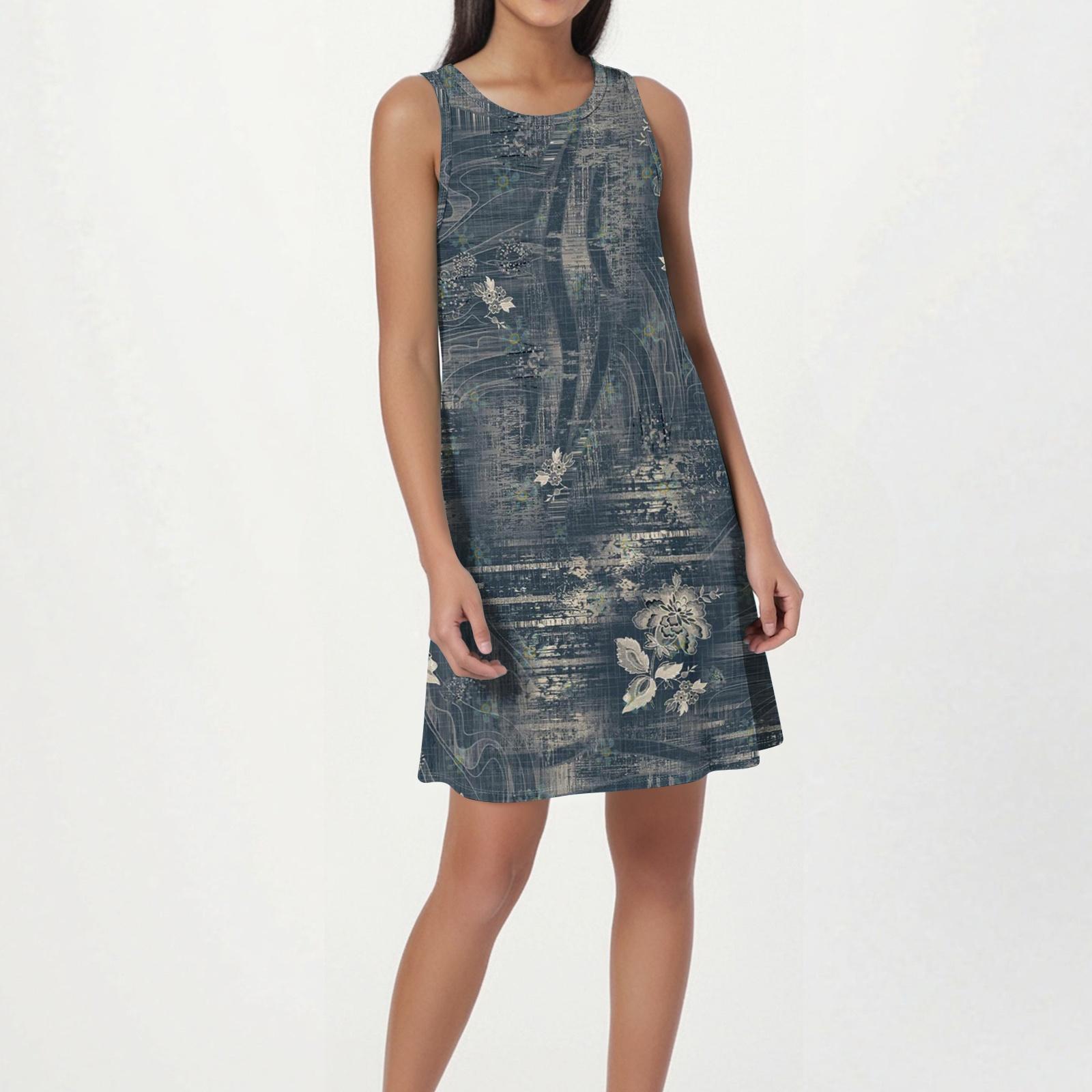 Women s Fashion Beach Dress Sleeveless Round Neck Floral Print Dress L синий