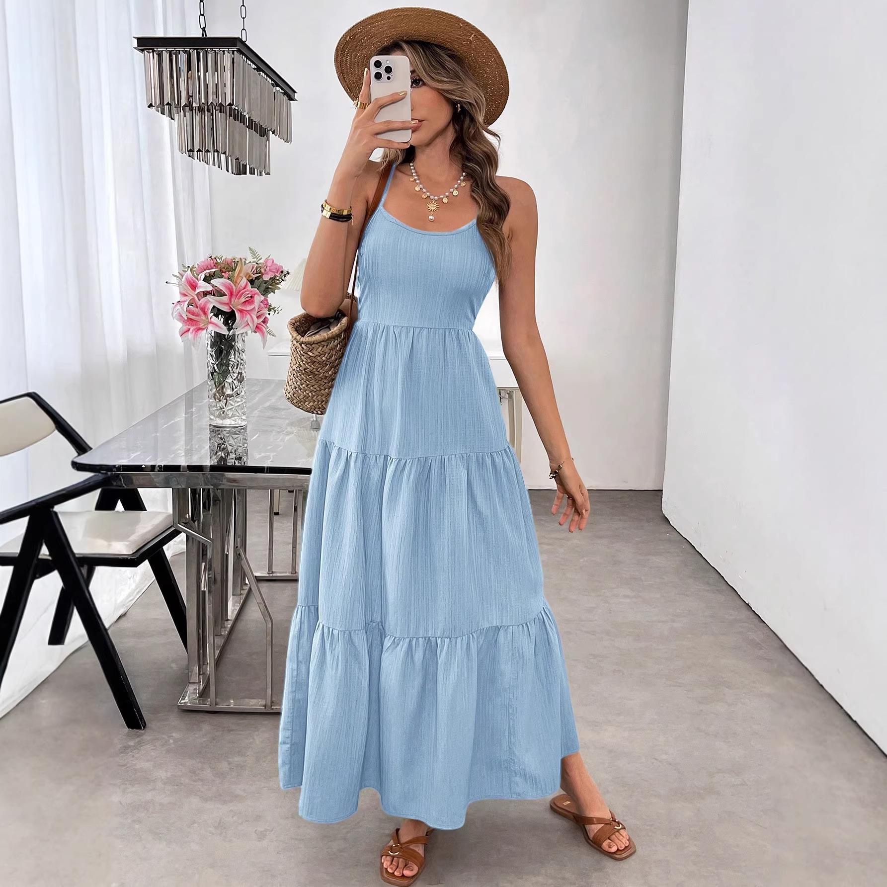 

2026 Elegant Backless Spaghetti Strap Dress with Layered Lace-Up Bow and Waist-Cinched Design Extra Extra Large небо синє кольору