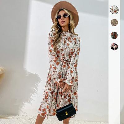 Temperament and Elegance Outer Wear Fashion Women's Printed Long Sleeve Half High Neck Dresses