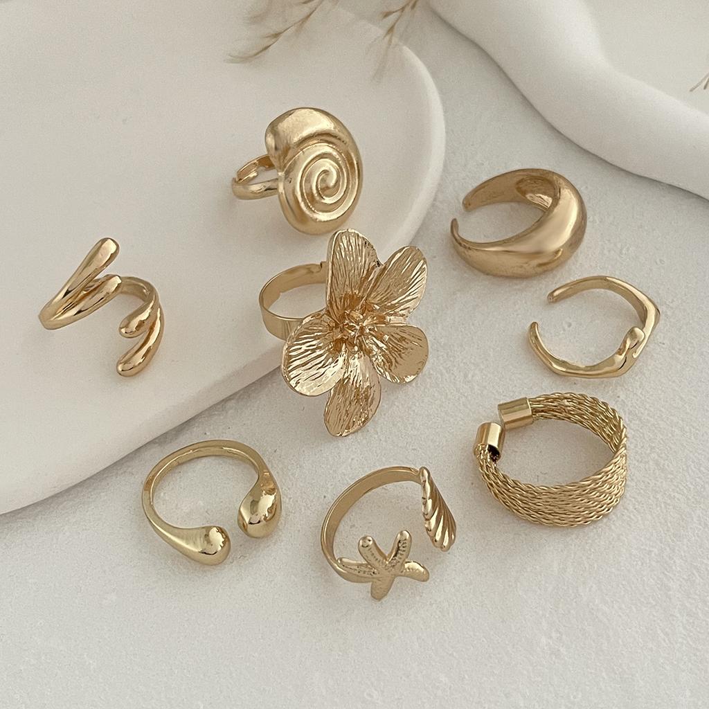 Summer Vacation Starfish Scallop Open Ring Set for Women Men Gold Color Glossy Alloy Flower Adjustable Ring Jewelry Gift