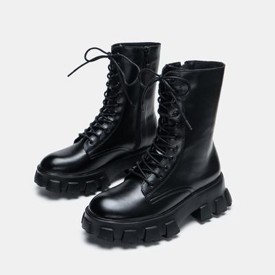 Martin-Stiefel für Damen, dicke Sohle, Schnürstiefel im britischen Stil, modische Damenschuhe mit mittelhohem Absatz und runder Spitze