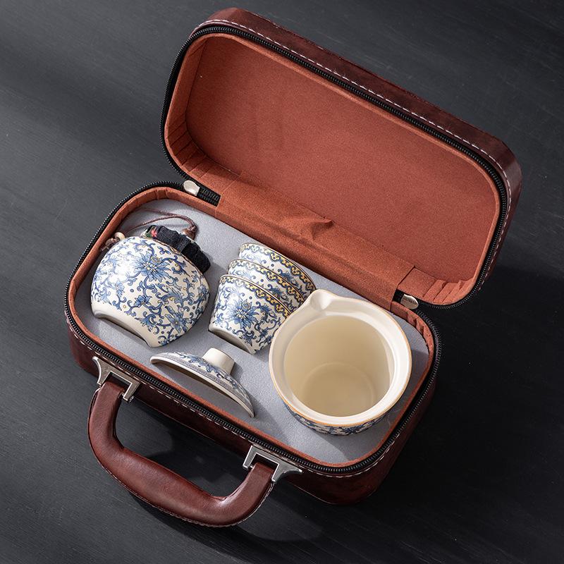 Dingyao blue and white travel tea set, one pot and three cups, outdoor portable set, light luxury business company commemorative gift