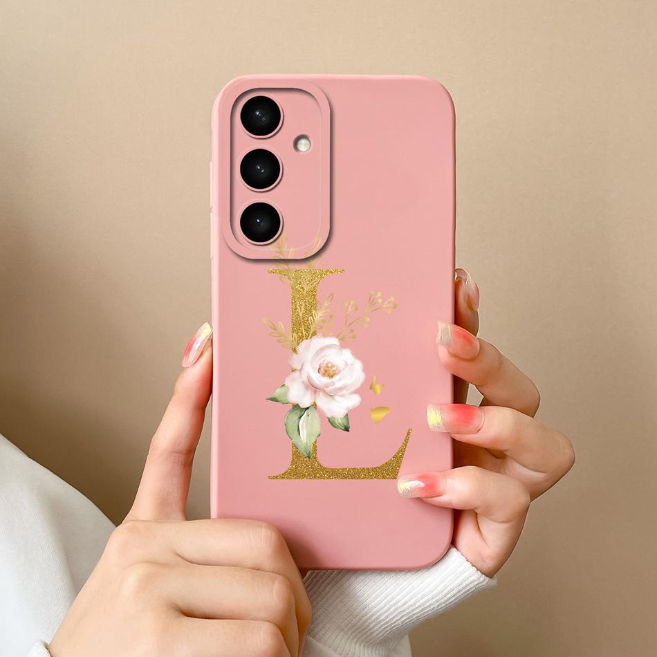 Simple Case For Samsung S24 FE Name Letter Soft Slim Liquid Silicone Funda For Galaxy S 24 S24FE Lens Protective Back Cover Capa