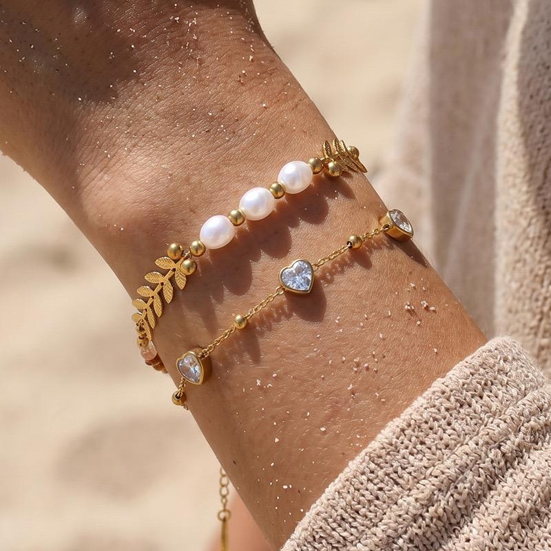 SA Jewelry Trendy Waterproof Stainless Steel 18K Gold PVD Wheat Leaf Shell Pearl Heart CZ Bangle Women's Dainty Bracelet