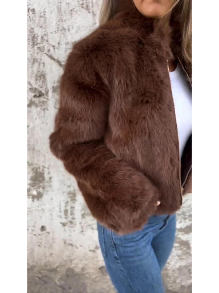 Women's Faux Fur High Neck Zipper Casual Jacket - Autumn/Winter Collection