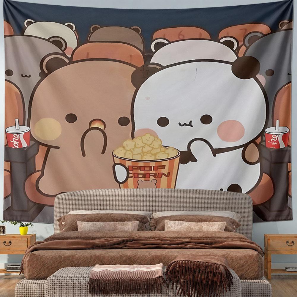 "Panda and Bear Movie Night Fun" Pattern Wall Hanging Tapestry Decorative Tapestry Home Decor for Bedroom and Living Room