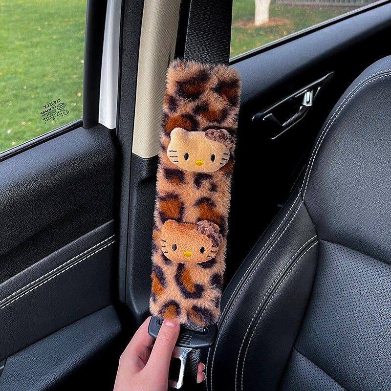 Kt Leopard Print Car Seatbelt Shoulder Pad Cute Kitty Seatbelt Protector High-End Car Interior Decoration [Black Cat] Plush Leopard Print