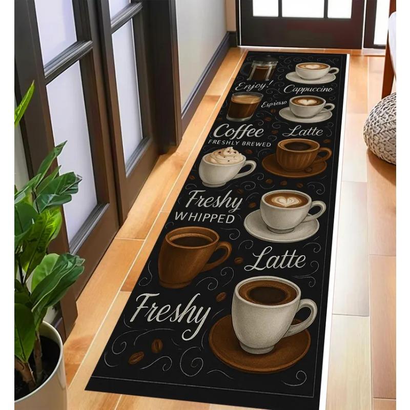 Professional Coffee Menu Kitchen Rug Non-Slip Mat Featuring Espresso Latte & Cappuccino Prints On Black Ideal for Home Floor