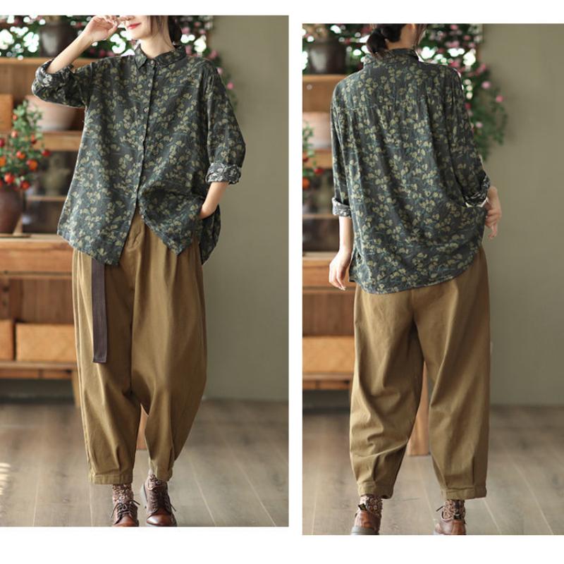 Dámská košile z bavlněného plátna s potiskem Dámská neformální košile na jaro a podzim Vintage s dlouhým rukávem