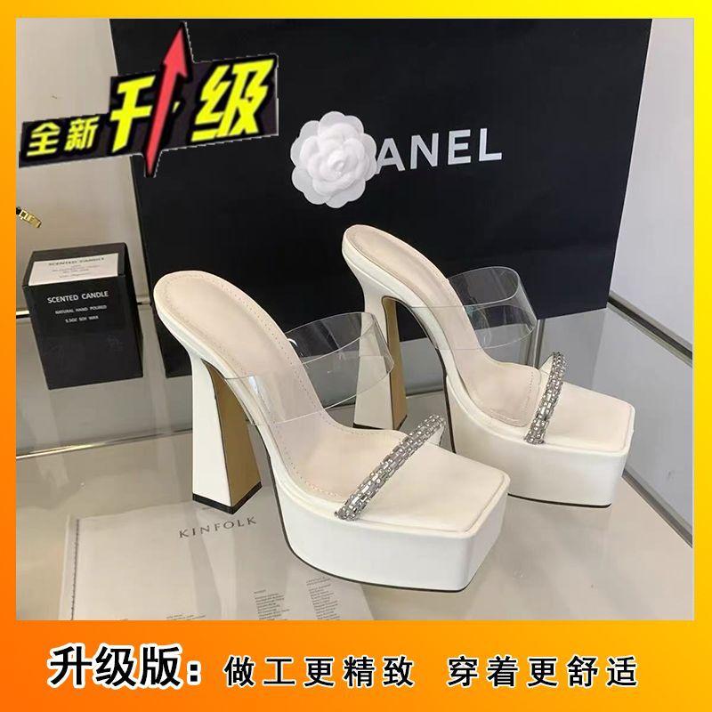 Temperament celebrity waterproof table with sandals, summer new thick heel transparent rhinestone with high heels