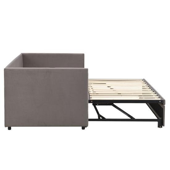 Upholstered Bed Extendable Sofa Bed 90/180x200cm with Slatted Frame, Multifunctional Bed Made of Skin-Friendly Velvet Fabric