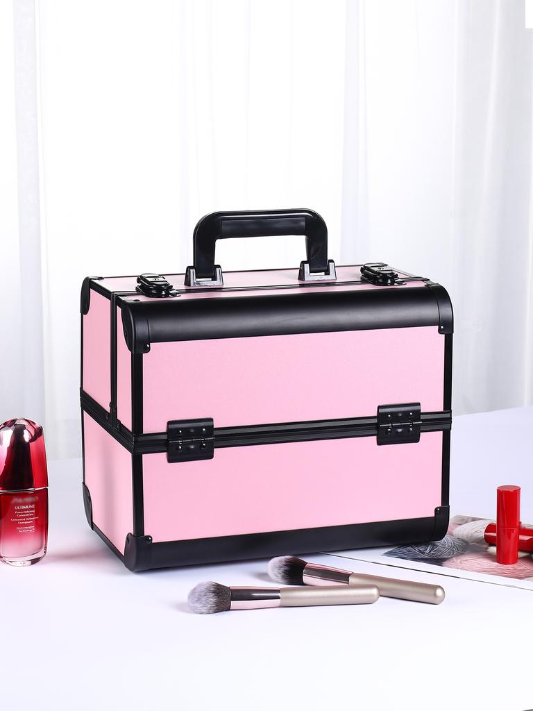 Professional Large Makeup Train Case 4 Trays Cosmetic Cases, Large Makeup Storage Organizer Box with Lock Aluminum Frame