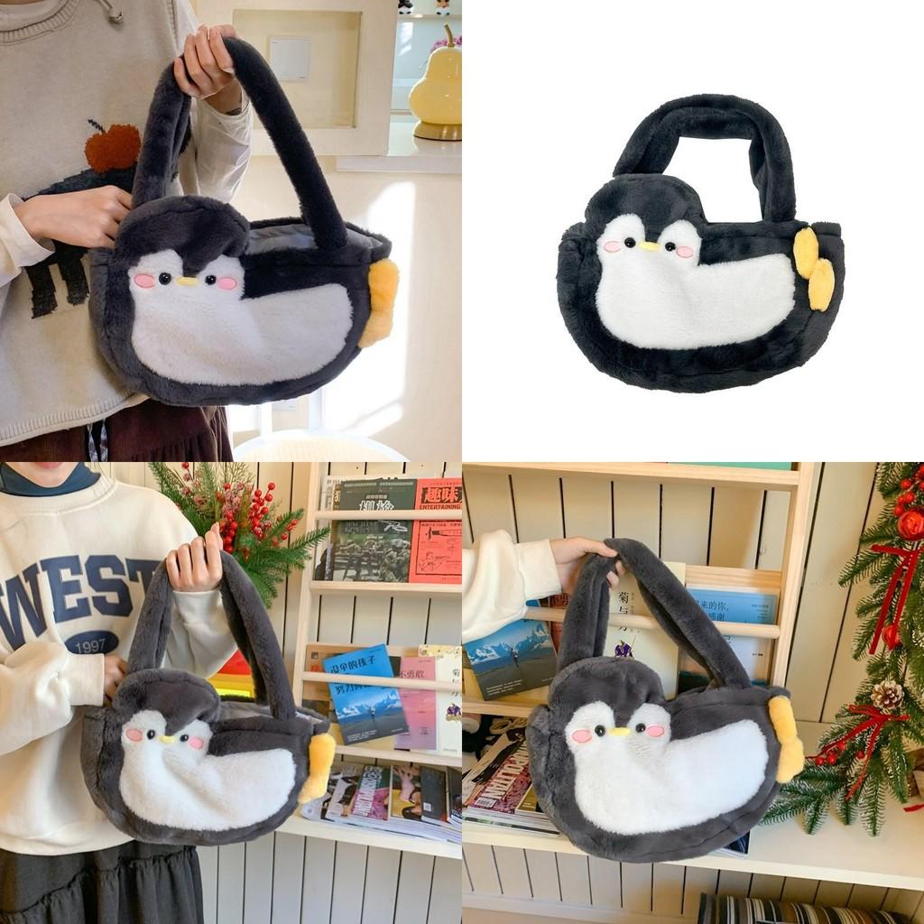 Soft Faux Fur Penguin Shoulder Bag With Magic Tape Closure For Casual Outings