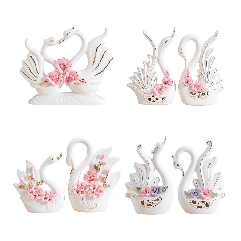 Set of 2 Swan Figurines Ceramic Craft Animal Statues for Home Display