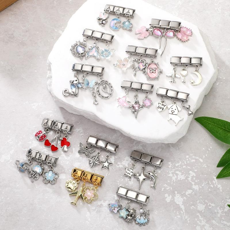 3Pcs/Set Brilliant Butterfly Moon Cherry Flowers Pendant Italian Charm Links Fit 9mm Stainless Steel Bracelet DIY Making Gift